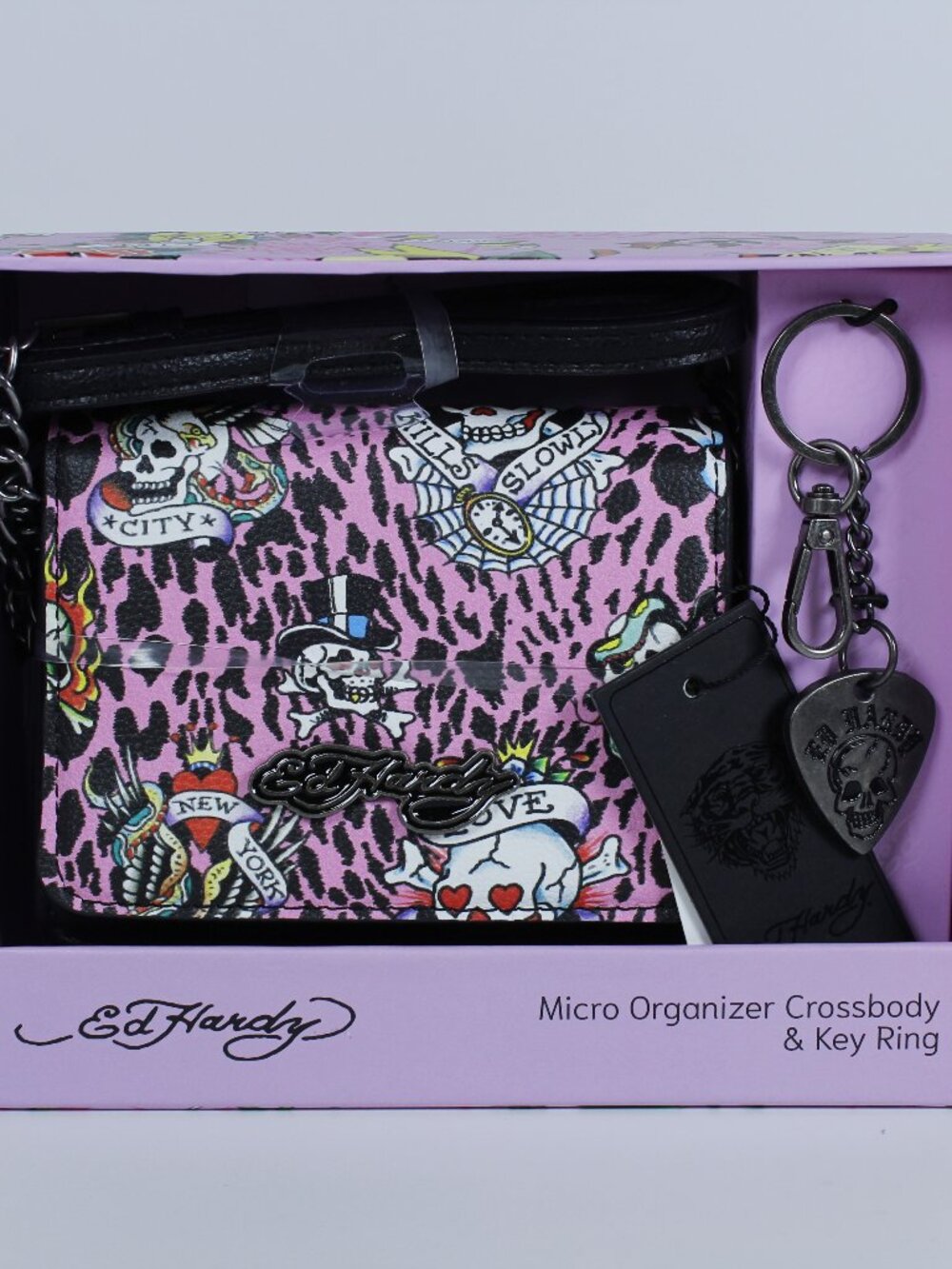 New Ed Hardy Set: Micro Crossbody Bag + Keychain –‎ Pink Leopard & Y2K Tattoos